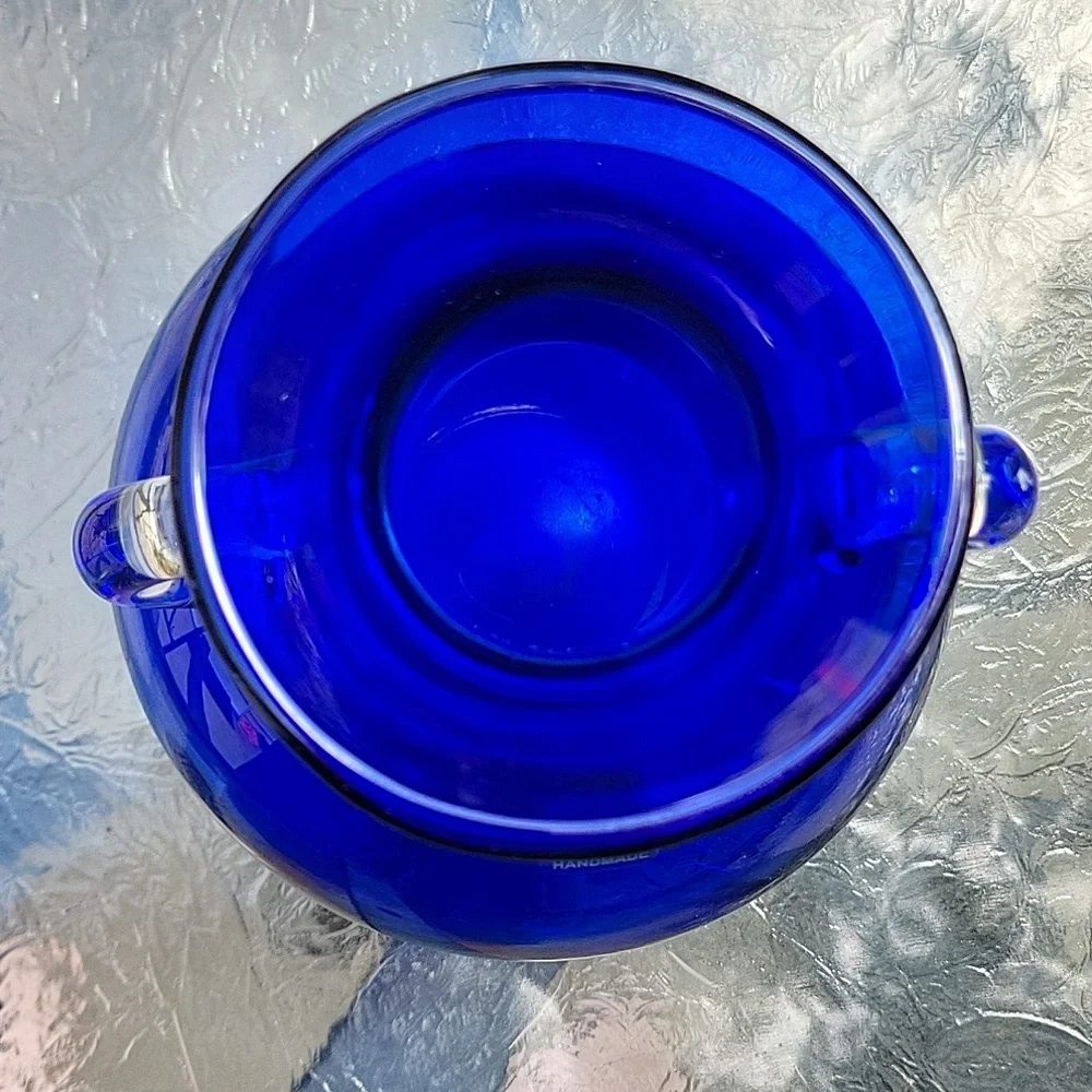 Vintage Blenko Cobalt Blue Clear Crystal Handmade Blown Glass Vase Urn Rare 8x6